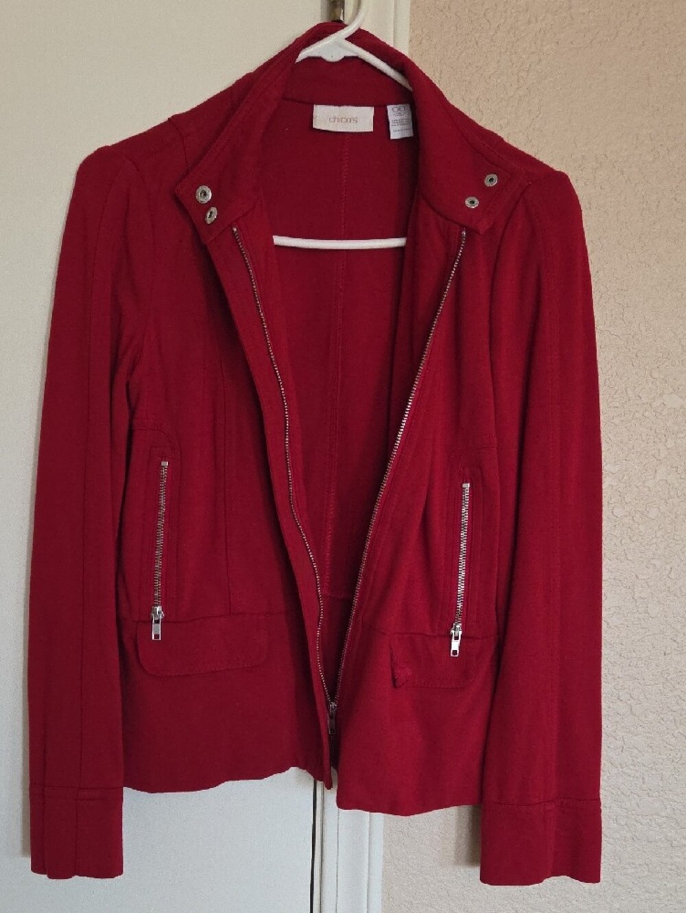 Chico's Vibrant Red Snap-Stand Collar Zip Pocket Jacket - Picture 6 of 10